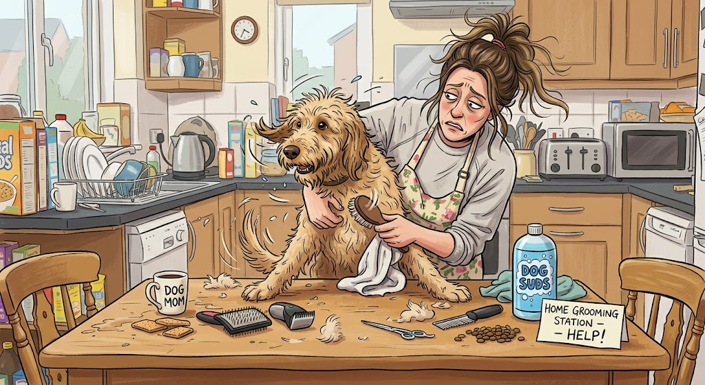 Lady looking frazzled grooming her dog on the kitchen table